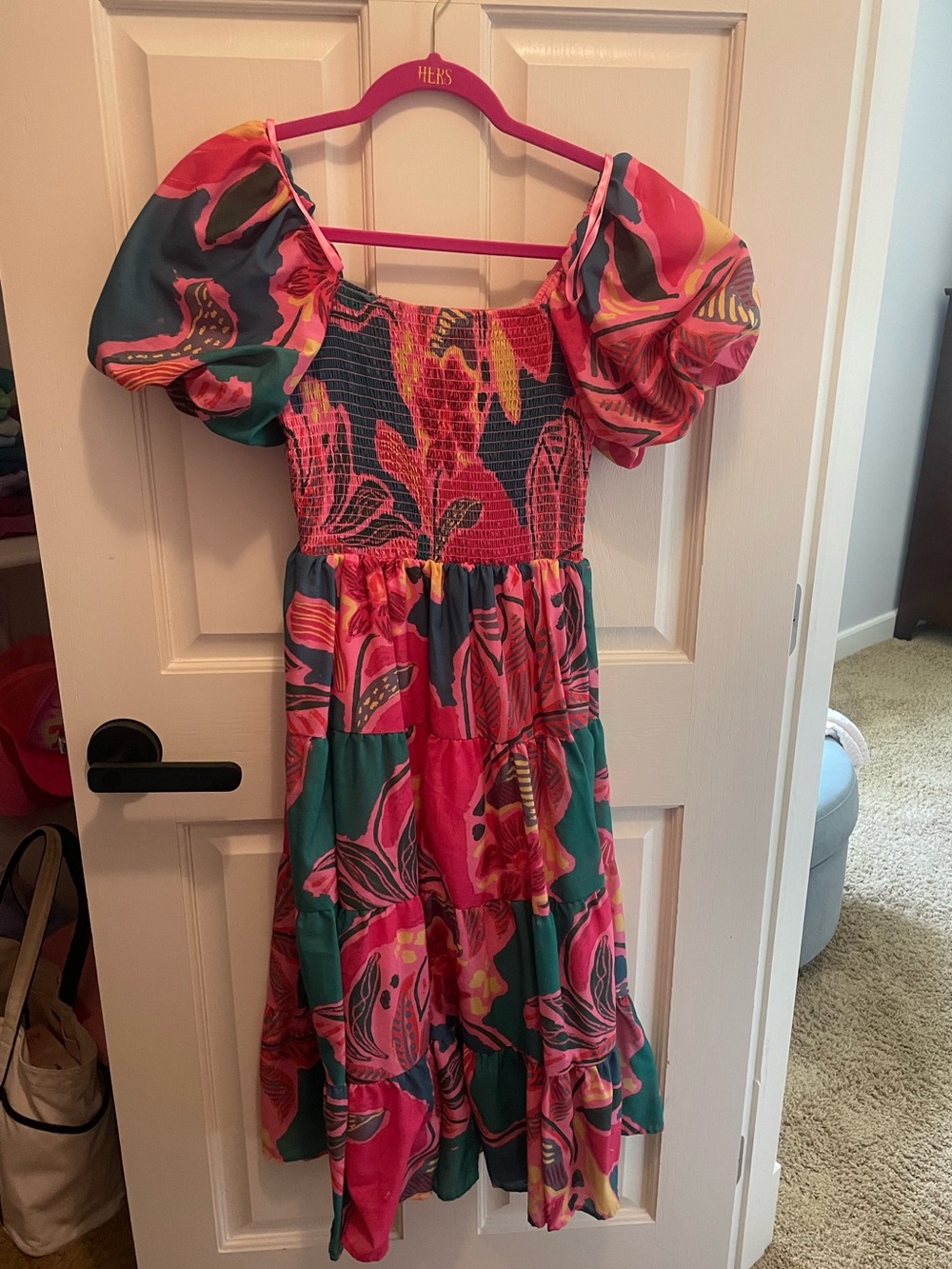 Pink & Teal Puff-Sleeve Maxi Dress